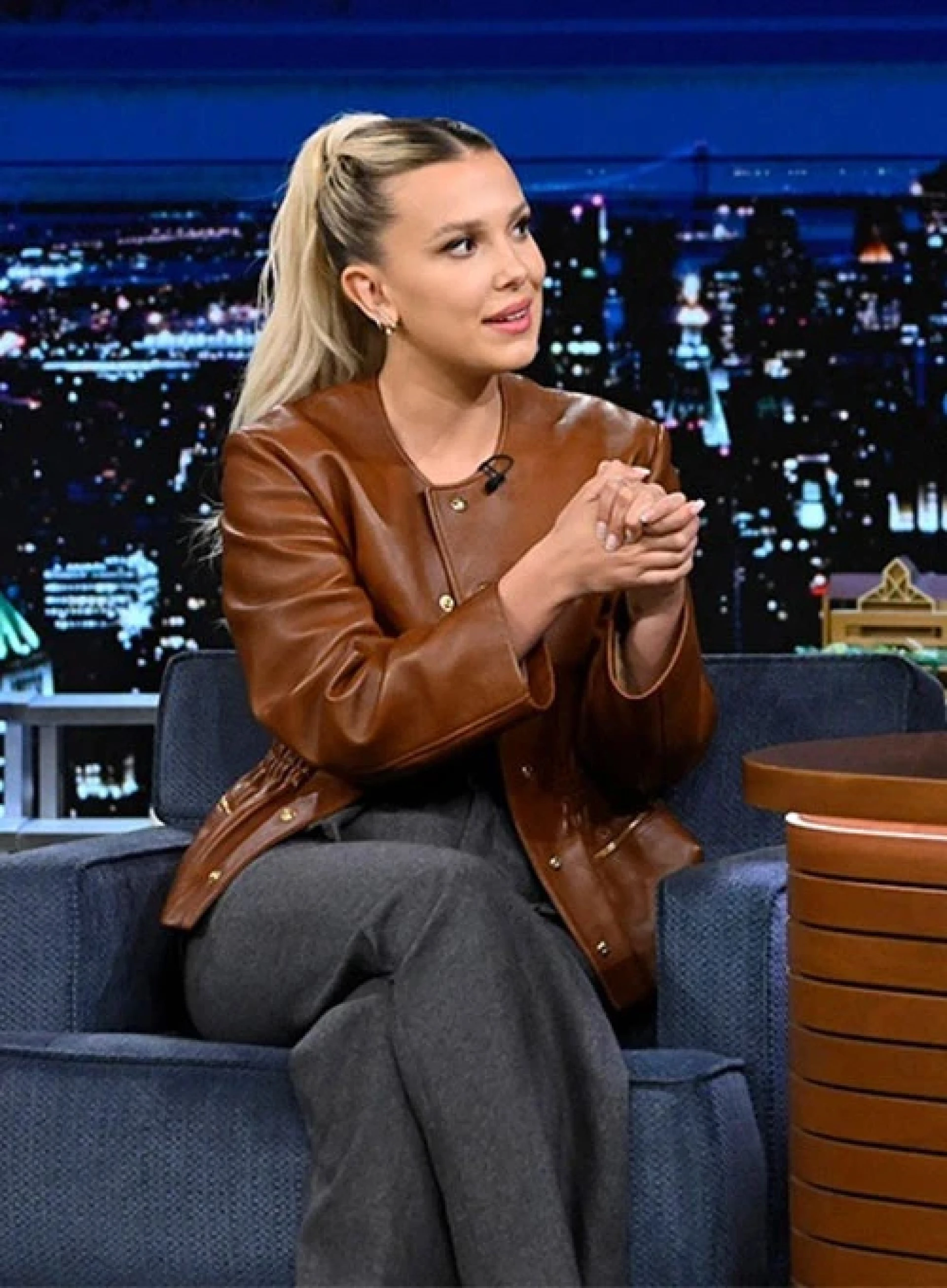 Millie Bobby Brown Stuns in Brown Leather Jacket