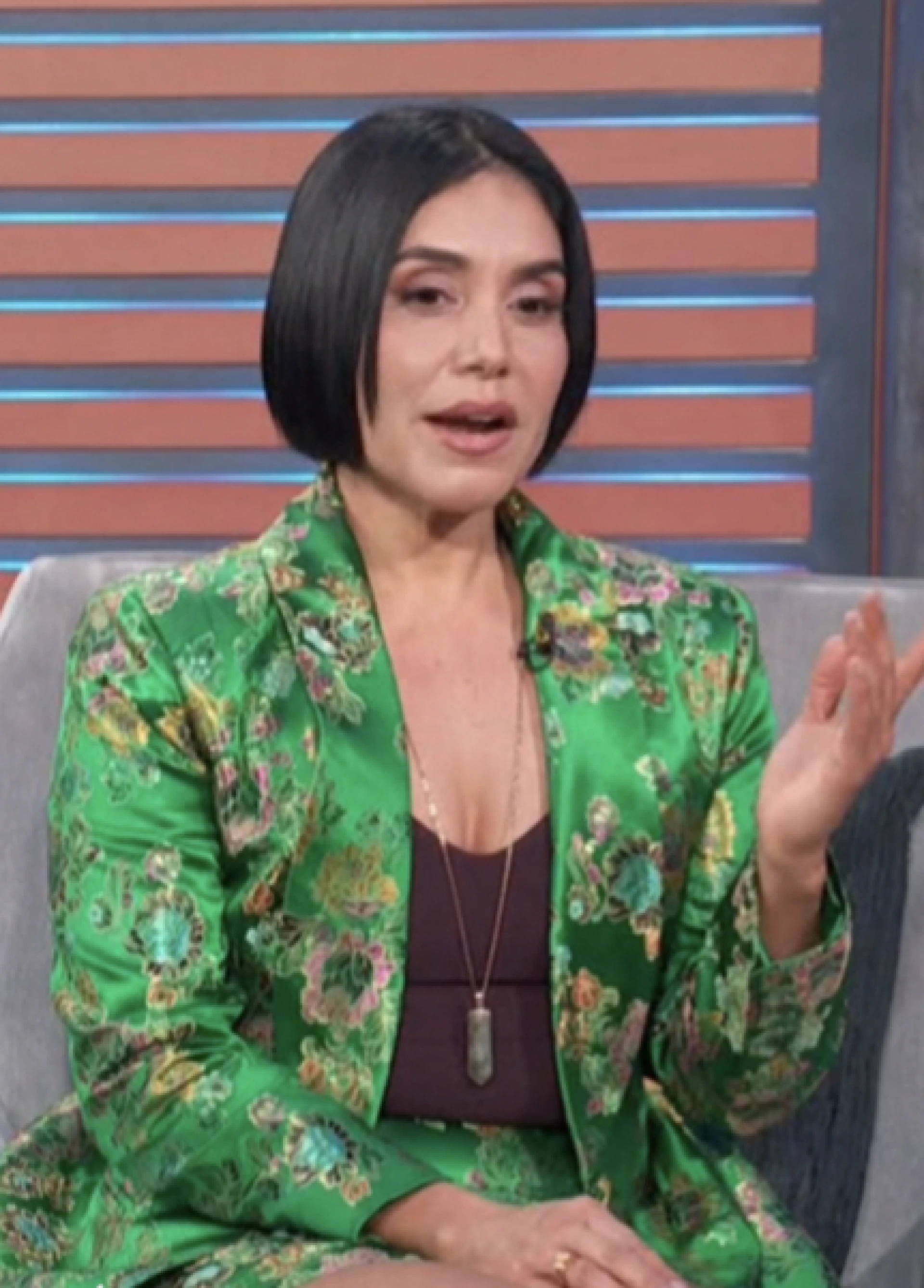 Doreen Alvarez Green Satin Floral Suit