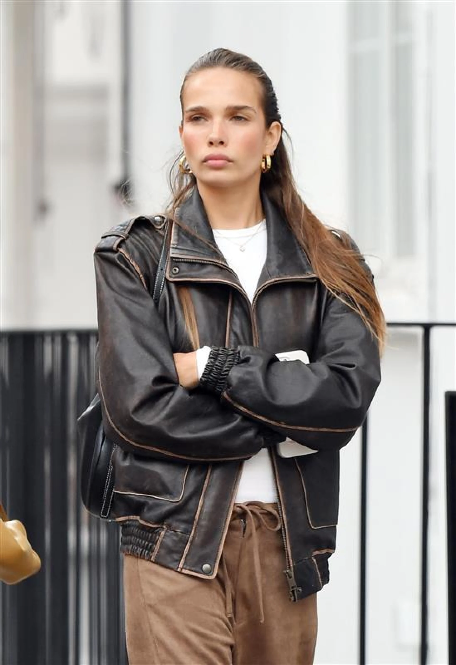 Hana Cross Wears a Black Leather Jacket
